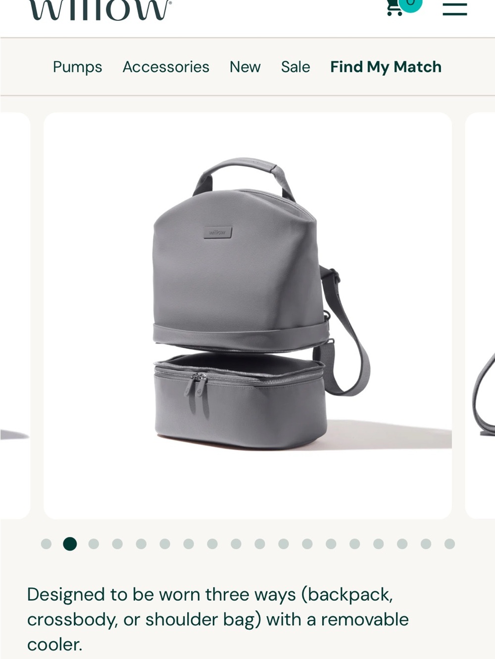 Willow breast feeding/pumping bag. Gray Convertible Cooler Backpack